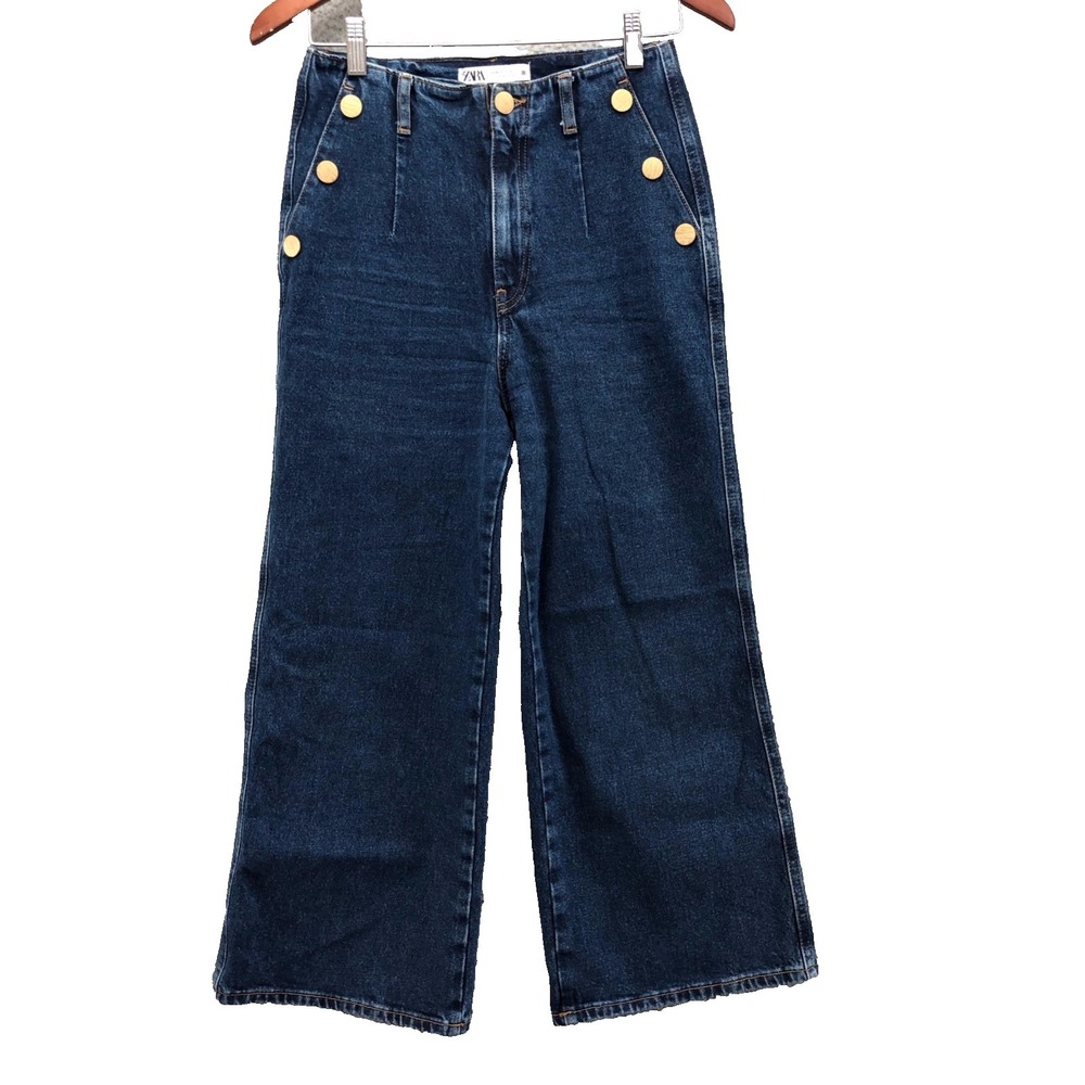 Zara Wide Leg Jeans Womens 4 Blue Denim Sailor Pockets Button High Rise Nautical